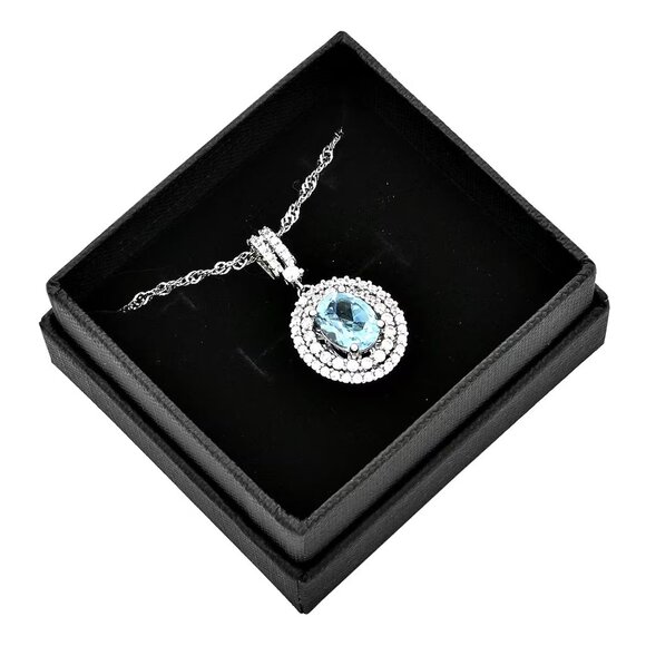 Blue Topaz and Simulated Diamond Pendant Necklace in Silvertone 18 Inches - Picture 2 of 3